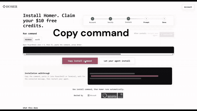 Installation walkthrough: select and copy the command, open a terminal, paste, and run it.